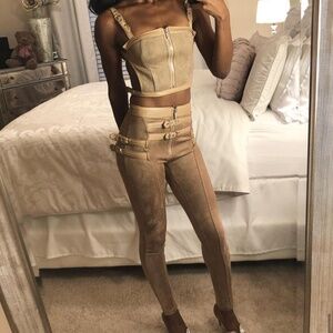 Vegan Suede Buckle Detail Leggings - tan